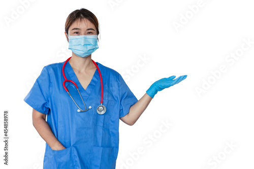 Asian women Doctor or Nurse standing hand show present or introduce isolated on white background.