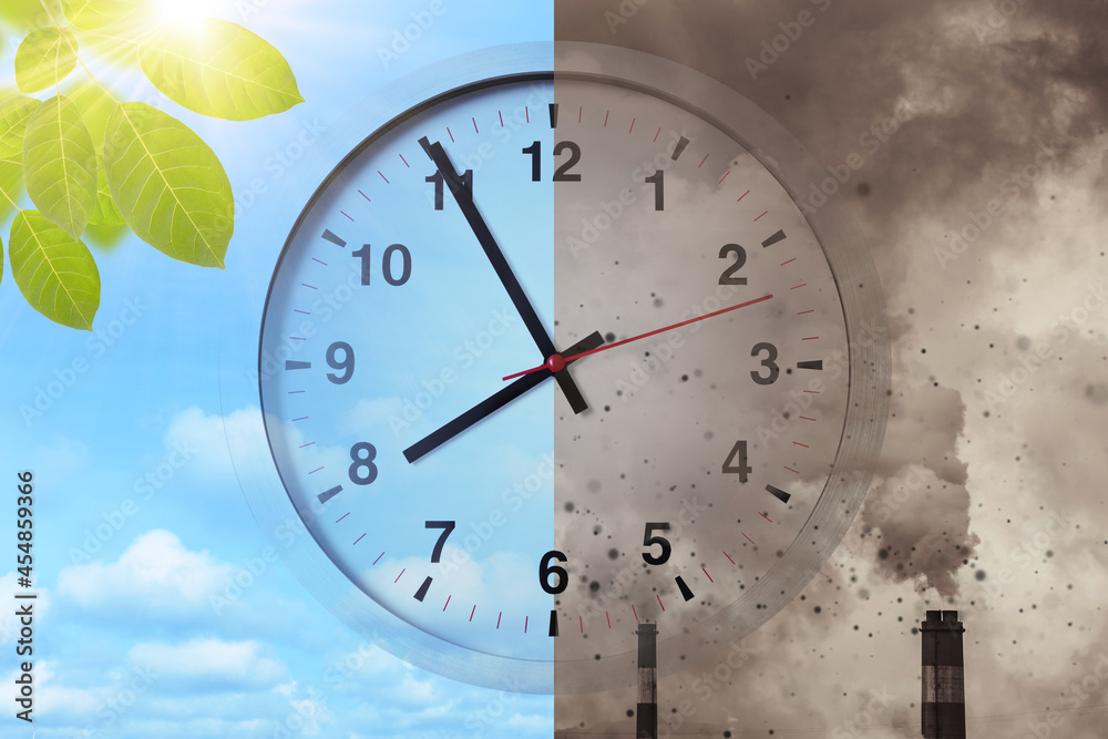 Time clock overlay pollution Earth with Clean Earth for Greenhouse