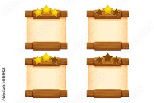 Set wood planks with parchment paper in cartoon style, level achievement game screen isolated on white background. Frame, medieval panel, menu. Empty gui asset, signboard.