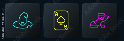 Set line Witch hat, Hermes sandal and Playing cards. Black square button. Vector