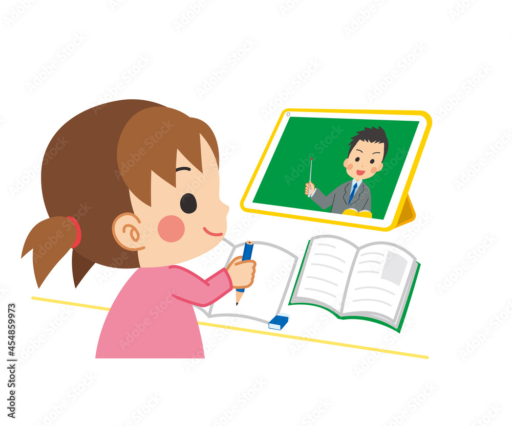 タブレット端末でオンライン授業を受けている可愛い小学生の女の子のイラスト　白背景　クリップアート