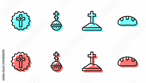 Set line Grave with cross, Christian, and Bread loaf icon. Vector