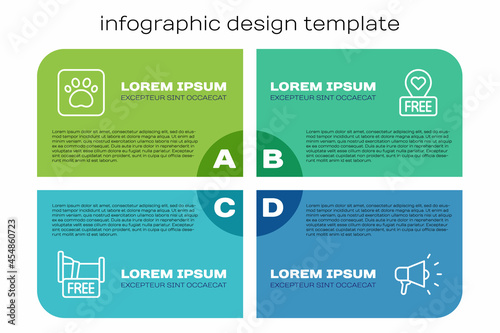 Set line Free overnight stay house, Paw print, Megaphone and Location with heart. Business infographic template. Vector