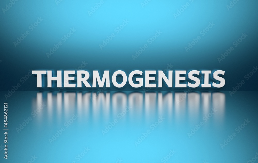 Scientific medical term Thermogenesis written in bold white letters on blue background Scientific medical term Thermogenesis written in bold white letters on blue background