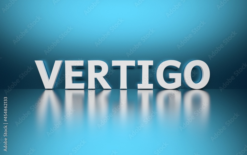 Large bold word VERTIGO written in bold white letters on blue background