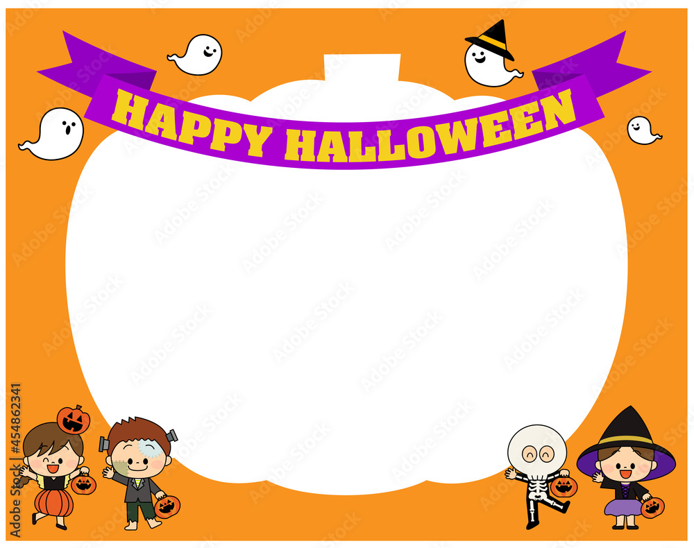 Fototapeta premium ハロウィン 子供とお化けのかわいいかぼちゃフレーム
