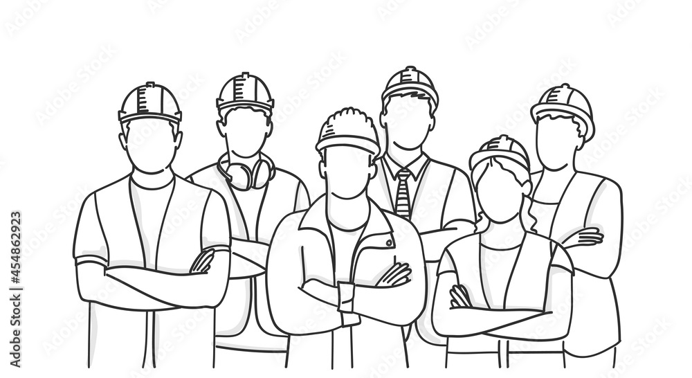 Builder group wearing helmets with arms crossed. Builder group wearing helmets with arms crossed.
