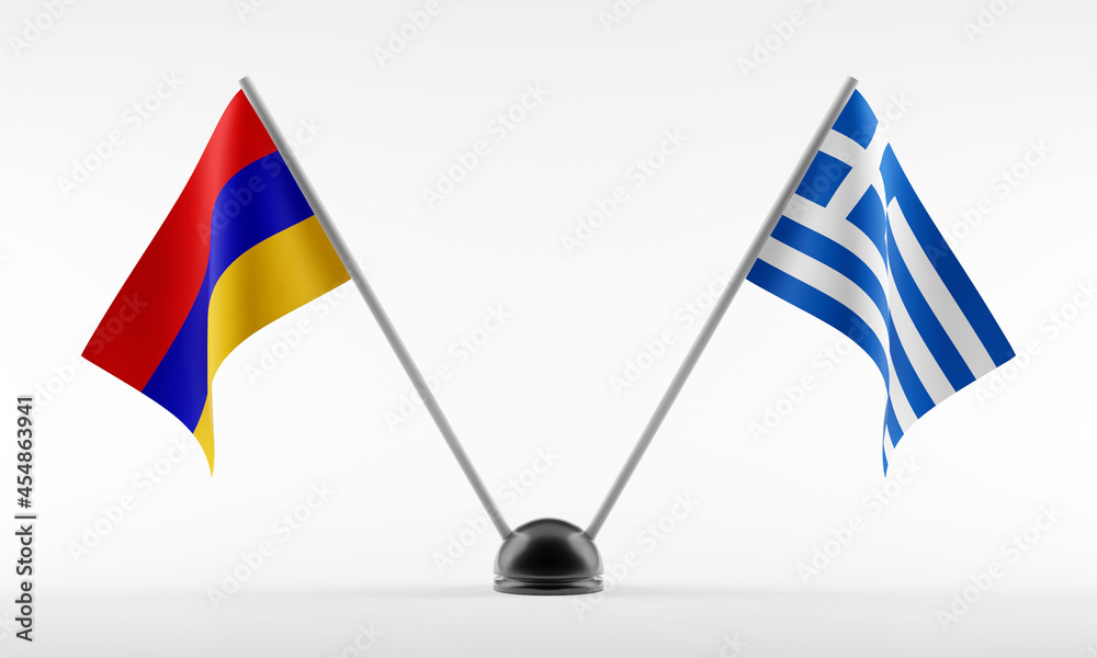 Stand with two national flags. Flags of Armenia and Greece. Isolated on a white background. 3d rendering Stand with two national flags. Flags of Armenia and Greece. Isolated on a white background. 3d rendering