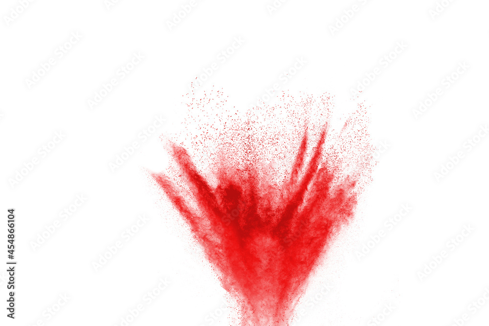Red powder explosion on white background. Holi fastival.