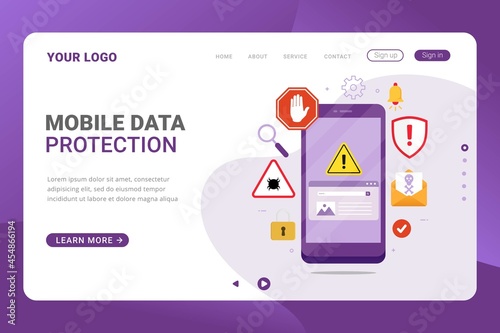 Landing page template mobile data protection design concept vector illustration