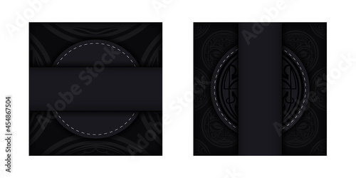Printable design background template with luxury ornament. Black vector banner with Maori ornaments and place for your logo and text.