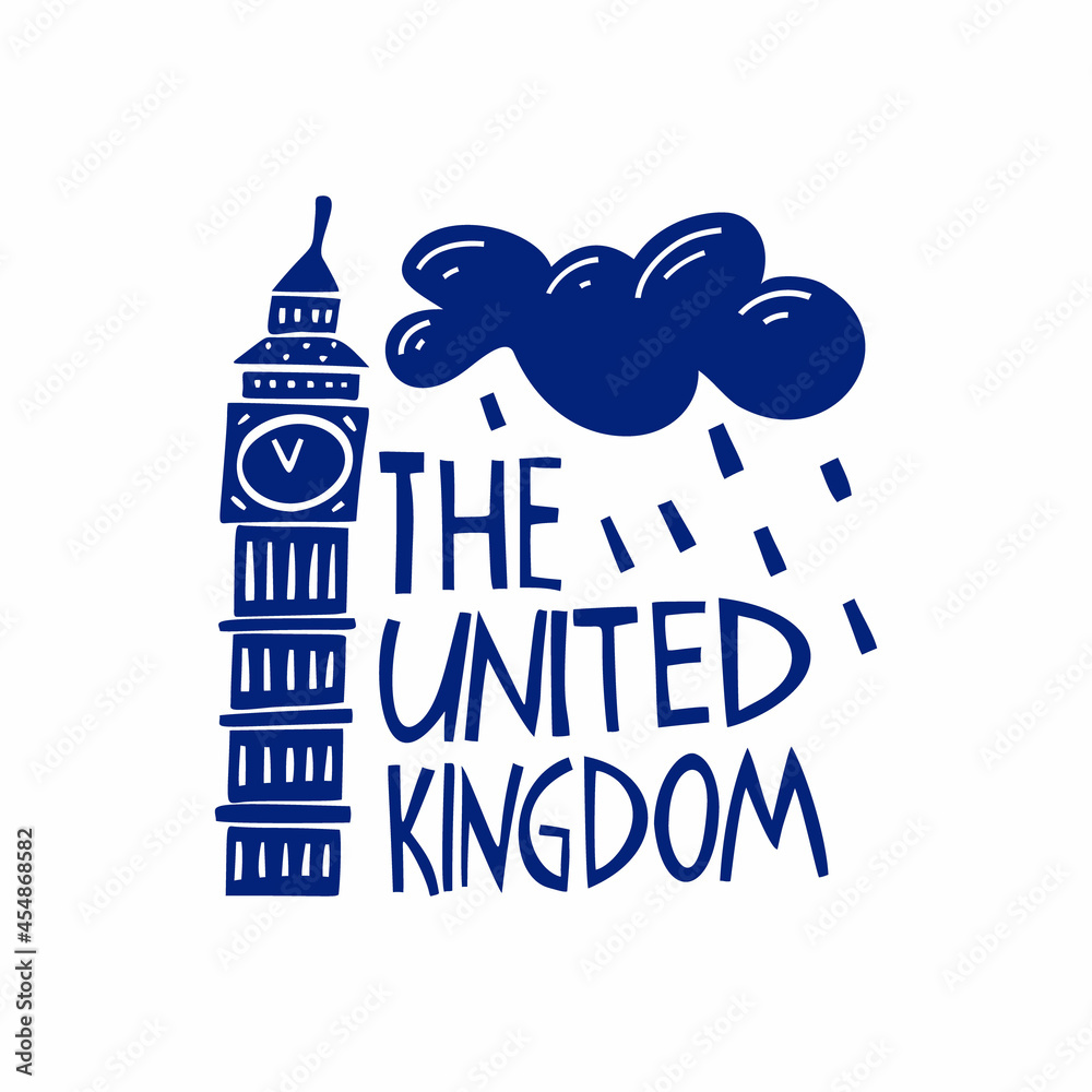 Obraz premium Vector hand drawn logo for United Kingdom. Travel illustration of Great Britain. Hand drawn lettering illustration. Britain landmark