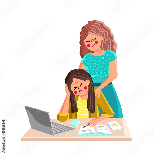 Anxiety Woman Couple Working At Laptop Vector. Sad Anxiety Woman Sitting At Office Table With Closed Eyes And Colleague Making Soothing Massage. Characters Flat Cartoon Illustration