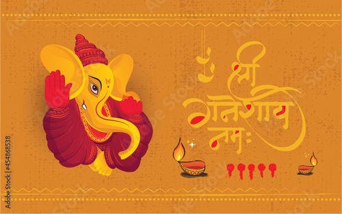 Ganesh Chaturthi Template Design with Lord Ganesha Face Illustration, writing shree ganeshaya namah in hindi