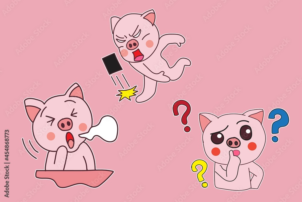 set of bundle of illustrations of cartoon pig stickers with various poses set of bundle of illustrations of cartoon pig stickers with various poses