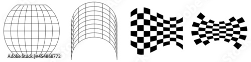 Distorted, deformed grids, meshes, checkerboards. Abstract warp, tweak distortion, deformation effect design elements