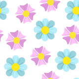 Seamless pattern. Flowers pink, blue, on a white background. Design for textiles, books, postcards, notebooks, vep sites. Print on fabric. Ecology concept, eco-products.