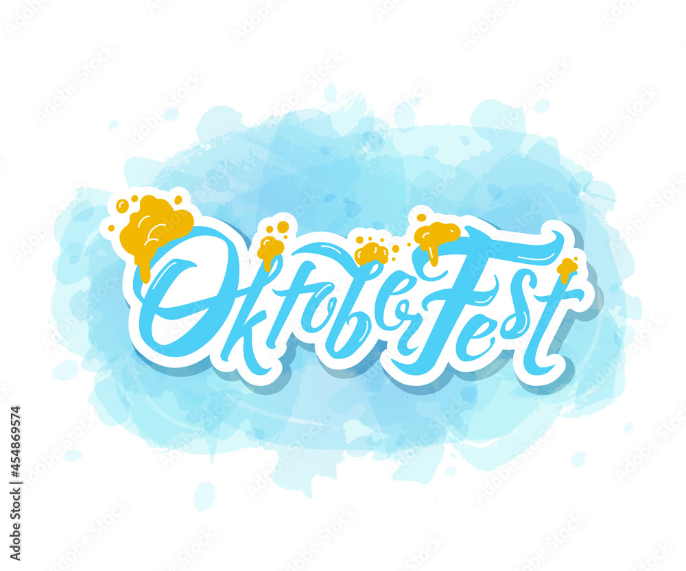 Oktoberfest handwritten lettering header. Beer foam. Vector Design template event celebration. Bavarian Festival banner. Typography title for greeting cards and poster. Watercolor texture background