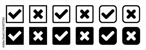 Check mark icon set. Cross mark icons set. Vector stock template