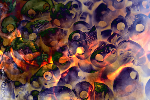 halloween abstract background, skull mushrooms, gloomy october holiday, unusual background with fire