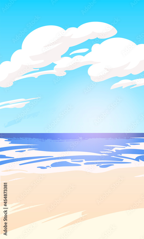 Beautiful vertical seascape with a sea view on a summer day, seashore with sand. Vector illustration.