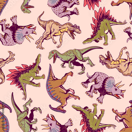 Colored Pattern with cartoon dinosaurs for printing on textiles  T-shirts  wrapping paper. Vector illustration.