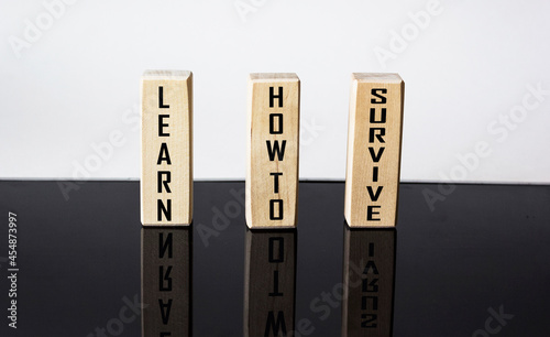 Text on wooden blocks Learn How to Survive. Surviving in crisis times business concept. Surviving during epidemy healthcare concept. photo