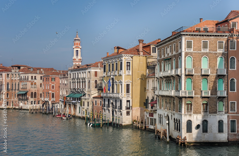 Old buildings facades along Grand Canal  in Venice, Italy.