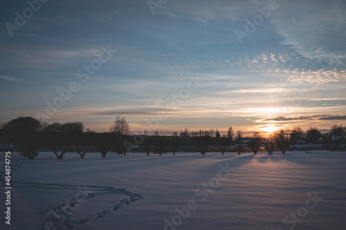 evening sunset over snow covered field, tree silhouettes with leafless branches, magentas and blues, copy space for text on snow, almost cloudless sky, heavenly beautiful blue hour in january