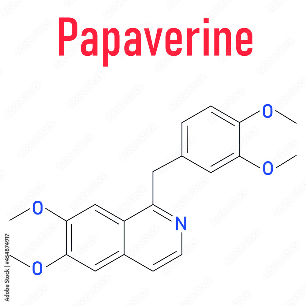 Papaverine opium alkaloid molecule. Used as antispasmodic drug. Skeletal formula. Papaverine opium alkaloid molecule. Used as antispasmodic drug. Skeletal formula.