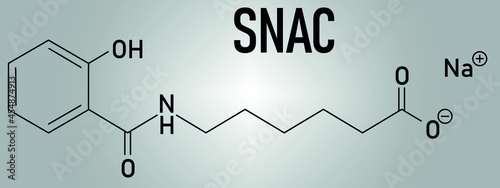 Sodium salcaprozate (SNAC, sodium N-[8-(2-hydroxybenzoyl)amino] caprylate) oral absorption promoter. Used to increase the bioavailability of macromolecules, including heparin. Skeletal formula.