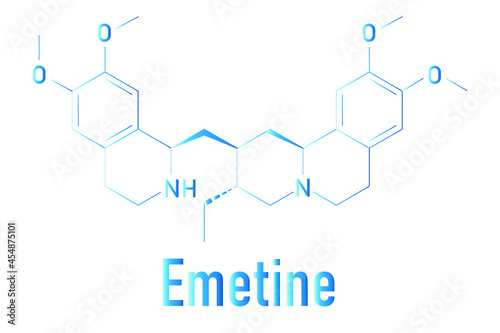 Emetine molecule. Has emetic (induces vomiting) and anti-protozoal properties. Skeletal formula. photo