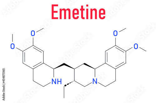 Emetine molecule. Has emetic (induces vomiting) and anti-protozoal properties. Skeletal formula.
