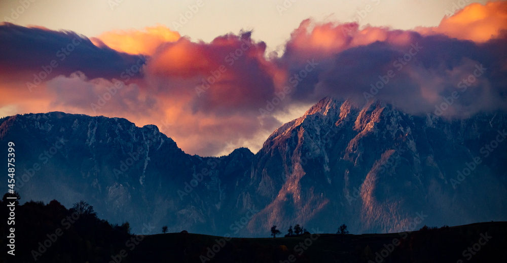 Piatra Craiului mountain at sunrise.  - obrazy, fototapety, plakaty 