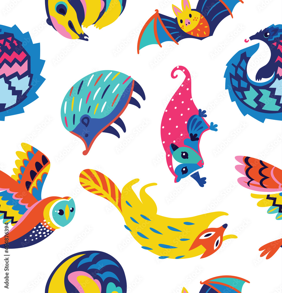 Seamless pattern with nocturnal animals. Vector illustration