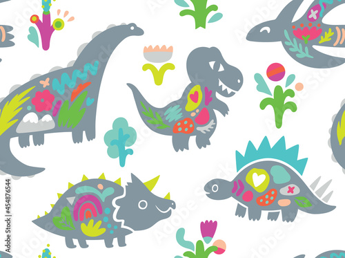 Silhouettes of dinosaurs with flora inside seamless pattern
