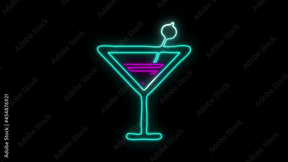 The glowing neon line of the Martini glass icon, isolated on a black background. The cocktail icon. The wine glass icon. Graphic animation of 4K video motion. The glowing neon line of the Martini glass icon, isolated on a black background. The cocktail icon. The wine glass icon. Graphic animation of 4K video motion.