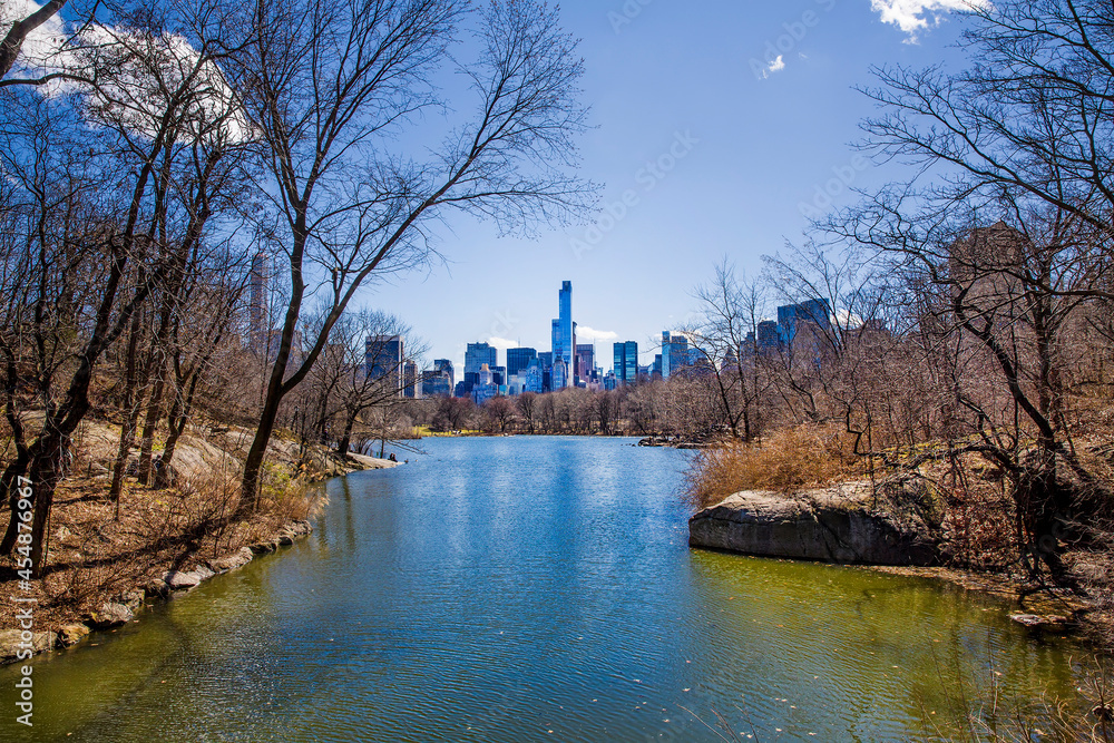 The Lake, Central Park, against the Backdrop of Manhattan Midtown Skyscrapers, New York