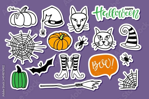 Happy Halloween sticker set. Vector Handdrawn sketch. Halloween lettering  spider web  witch cats  bat  hat  spider  pumpkins. Halloween elements for party decor  invitation  card. Halloween symbols.