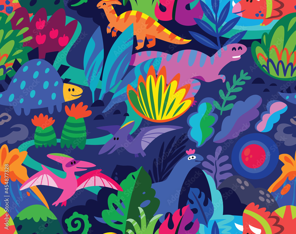 Landscape with dinosaurs and abstract leaves seamless pattern