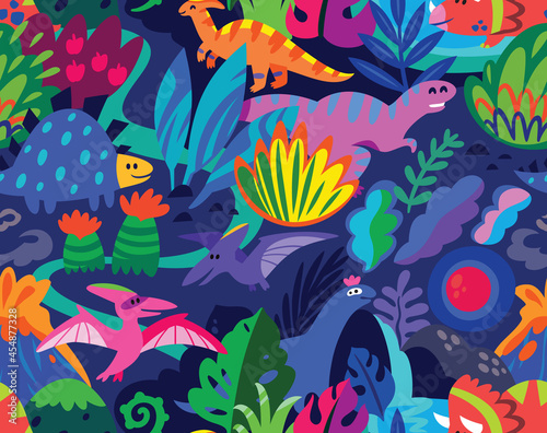 Landscape with dinosaurs and abstract leaves seamless pattern