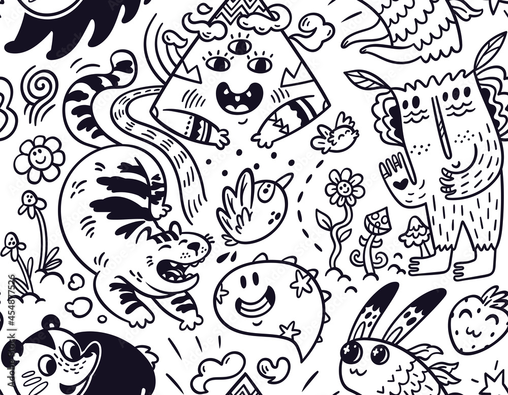 Funny creatures seamless pattern for coloring book