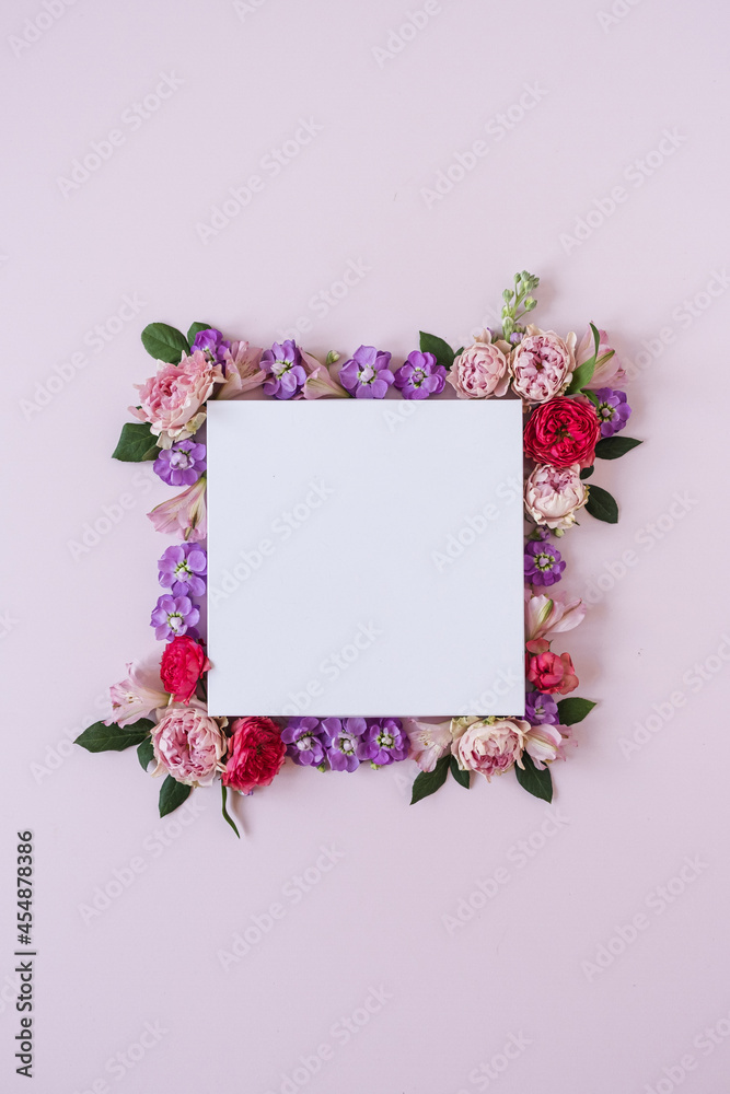 Aesthetic background with colourful flowers. Beautiful floral template  composition. Round wreath frame with blank empty copy space mock up paper  card sheet. Flat lay, top view Stock Photo | Adobe Stock