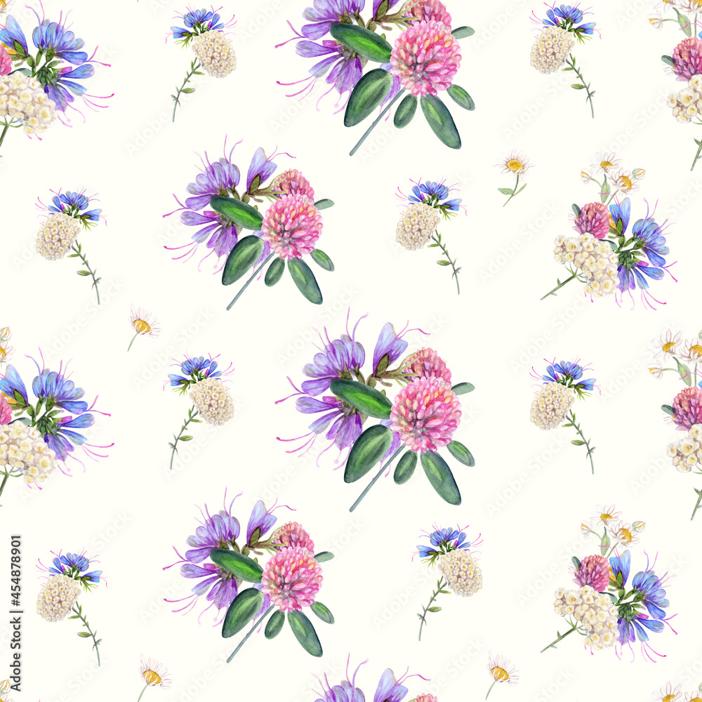 Seamless watercolor pattern with meadow flowers on Light Background.