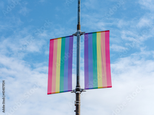 Gay pride flag outside.