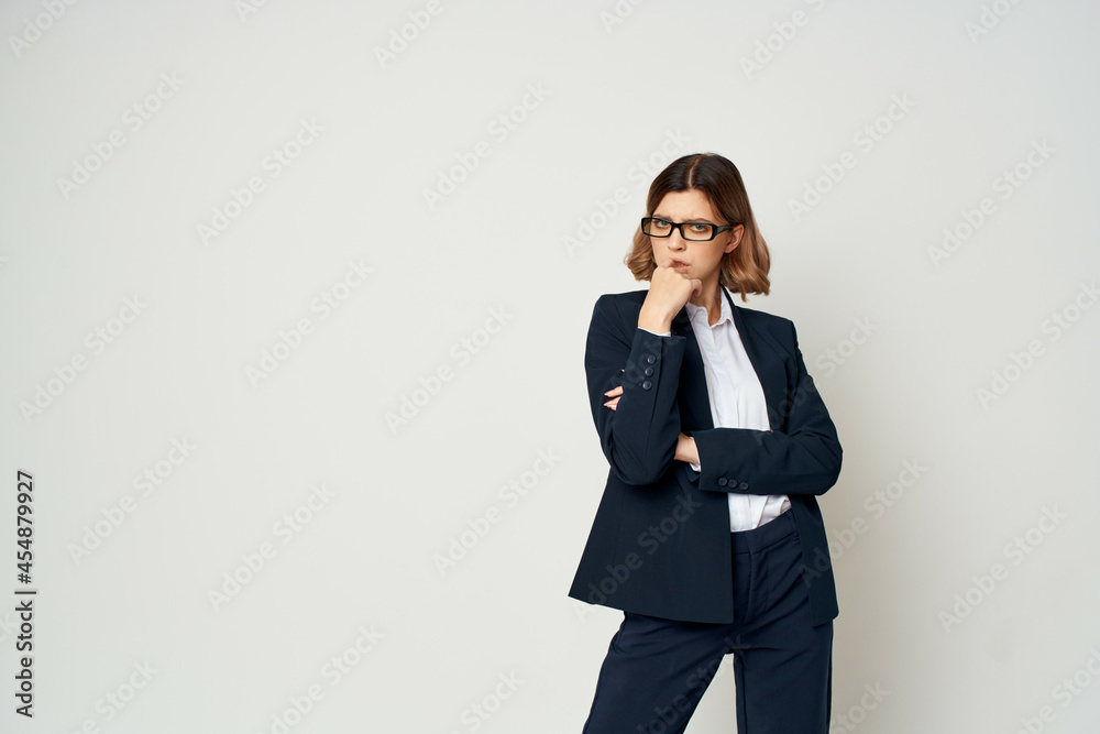 Business woman in suit gestures with hand emotions work Studio Business woman in suit gestures with hand emotions work Studio