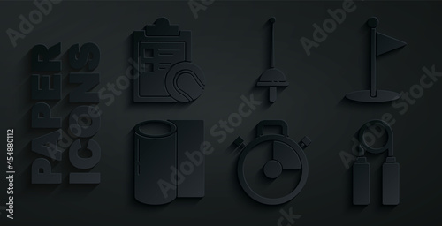 Set Stopwatch, Golf flag, Fitness mat roll, Sport expander, Fencing and Checklist clipboard tennis ball icon. Vector