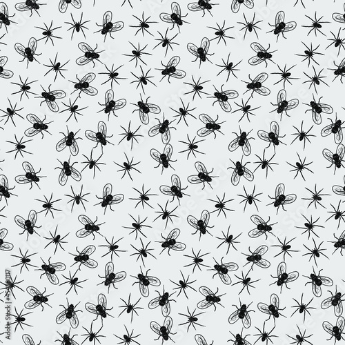seamless background. spiders and flies. hand-drawn black and white illustration. © feruza85