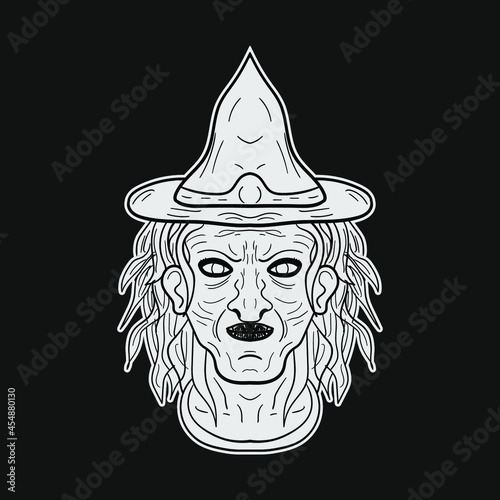 portrait of a witch. hand drawn black and white illustration.