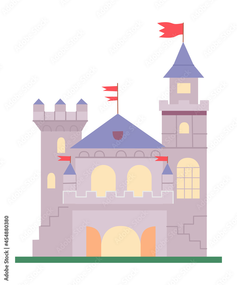 Exterior of medieval gray concrete brick castle with towers and flags vector flat illustration